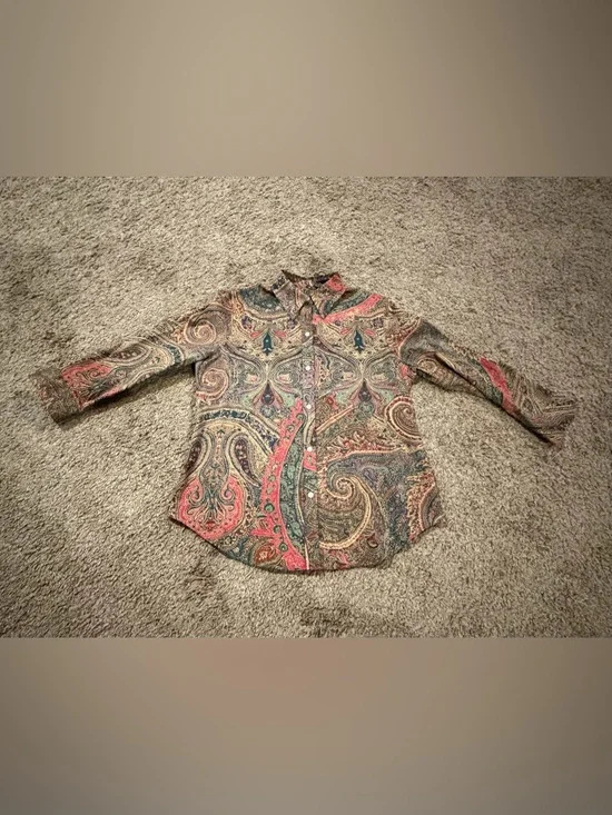 Lauren Ralph Lauren Paisley Colorful 100% Cotton Button Front Top Size Medium - Picture 2 of 9
